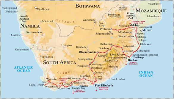 Karte mit Reiseroute Pretoria nach Kapstadt