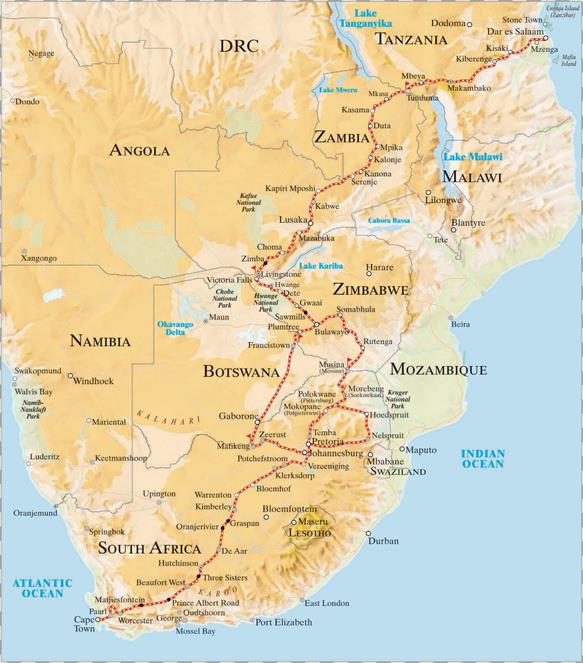 Karte mit Reiseroute Kapstadt nach Daressalam