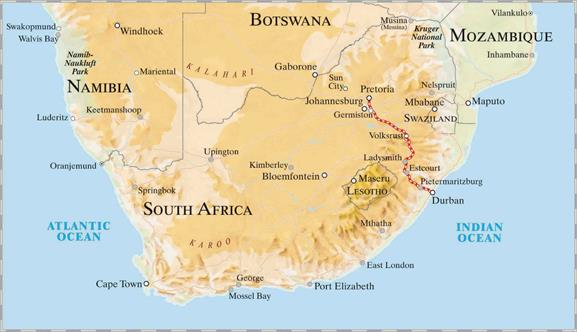 Karte mit Reiseroute Pretoria nach Durban