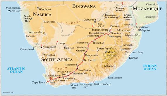 Karte mit Reiseroute Kapstadt nach Pretoria