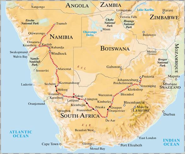 Karte mit Reiseroute Pretoria nach Swapokmund
