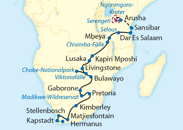 Karte mit Reiseverlauf des Rovos-Rail